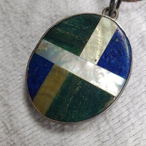 Silver Lapis Lazuli Malachite Mother of Pearl Pendant Necklace